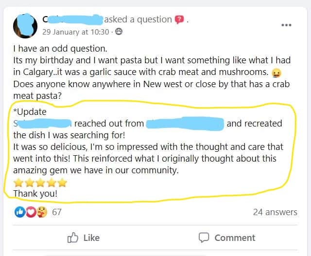 A perfect example of word-of-mouth marketing for local businesses: a Facebook comment of a user thanking a local chef for a customized meal he offered for her birthday