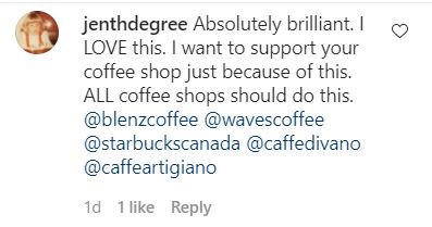 Customer tweet praising Harken Coffee for its initiative to help women