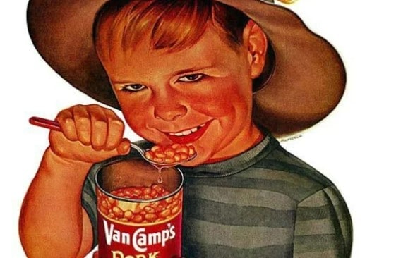 Vintage drawing of a creepy boy eating canned beans