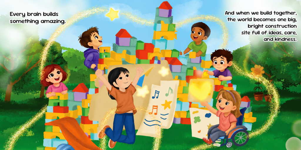 Children building together in My Busy Builder Brain, showing that every brain builds something amazing and that children with autism belong in an inclusive community.