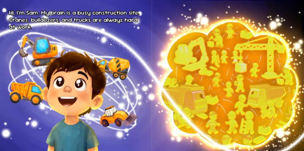 Illustration of Sam imagining his brain as a busy construction site in My Busy Builder Brain, a children's picture book about autism.
