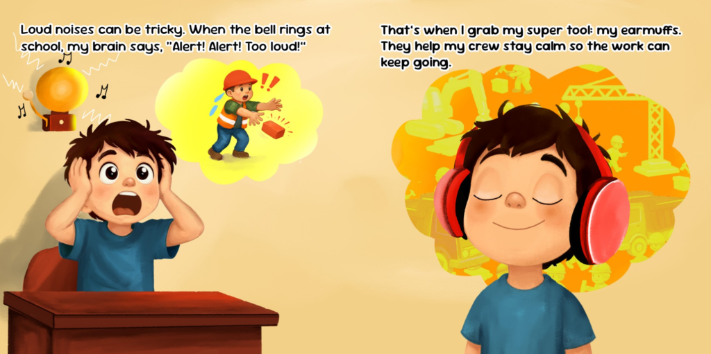Illustration of Sam using earmuffs to help manage loud noises and sensory sensitivities in My Busy Builder Brain.