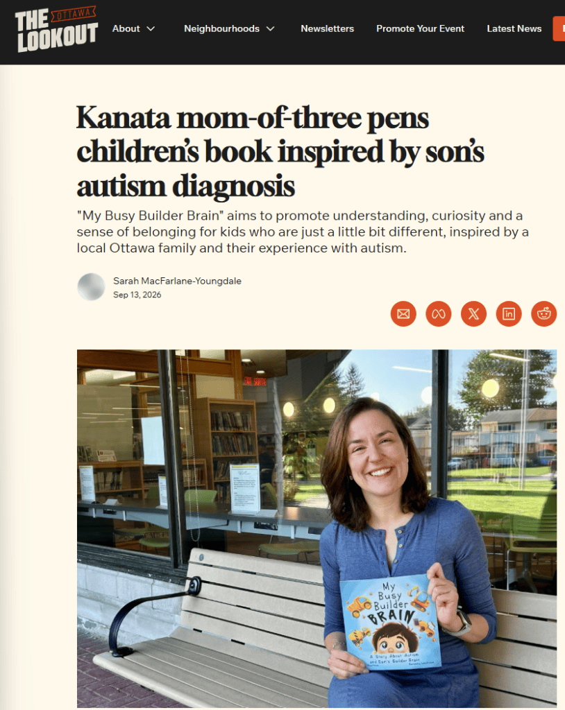 Screenshot of The Ottawa Lookout feature about My Busy Builder Brain, showing author Thais Freitas holding the book outside a library.