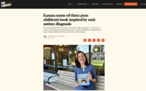 My Busy Builder Brain featured in Ottawa Lookout! Screenshot of an Ottawa Lookout feature about My Busy Builder Brain, showing author Thais Freitas holding the book outside a library.