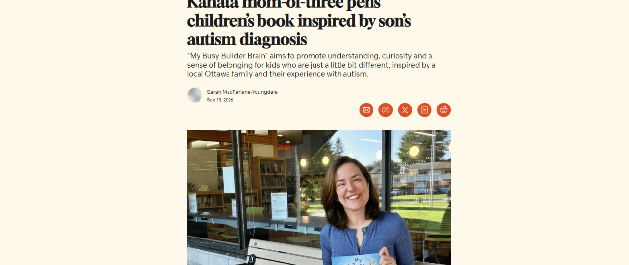 Screenshot of an Ottawa Lookout feature about My Busy Builder Brain, showing author Thais Freitas holding the book outside a library.